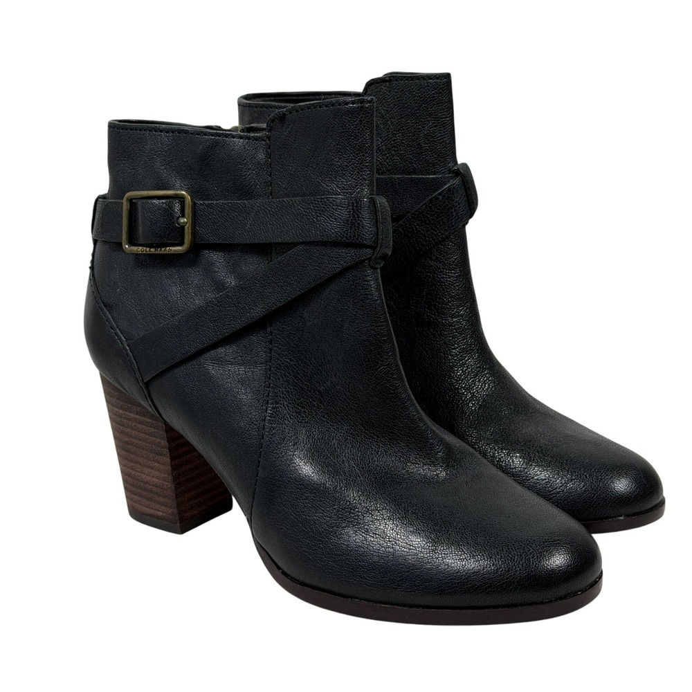 Cole Haan Grand OS Womens 6 Black Leather Buckle Strap Ankle Boots‎ Block Heel